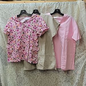 Bundle of 3 v neck scrubs tops: Peaches & SB, size Small